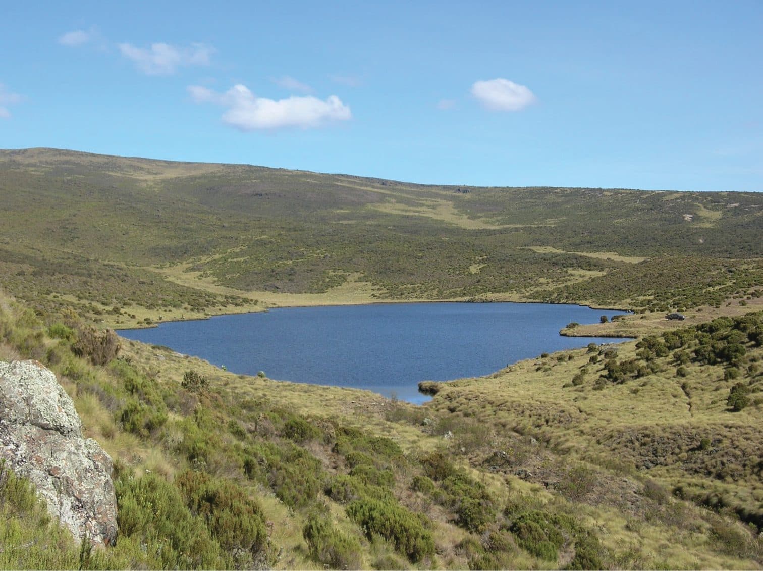 Lake Ellis surrounded by moorland on the eastern slopes of Mount Kenya